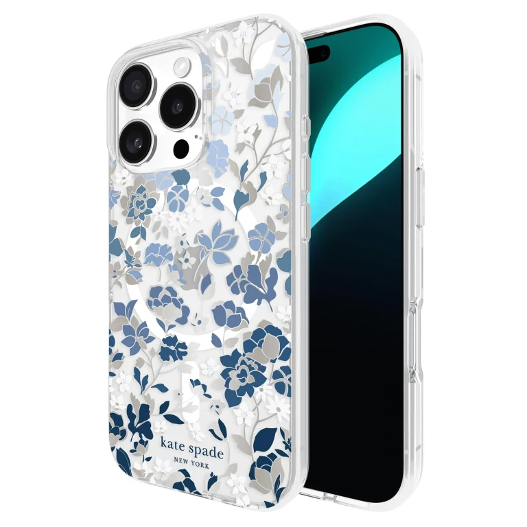 new york iPhone 16 Pro Case - Compatible with MagSafe - Designer Phone Case - Flowerbed Blue Gems
