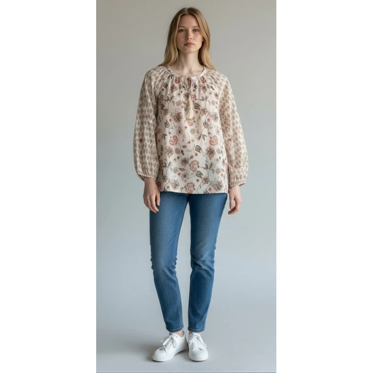 [161655-690] Womens Lucky Brand Notch Neck Blouse - Pink Multi