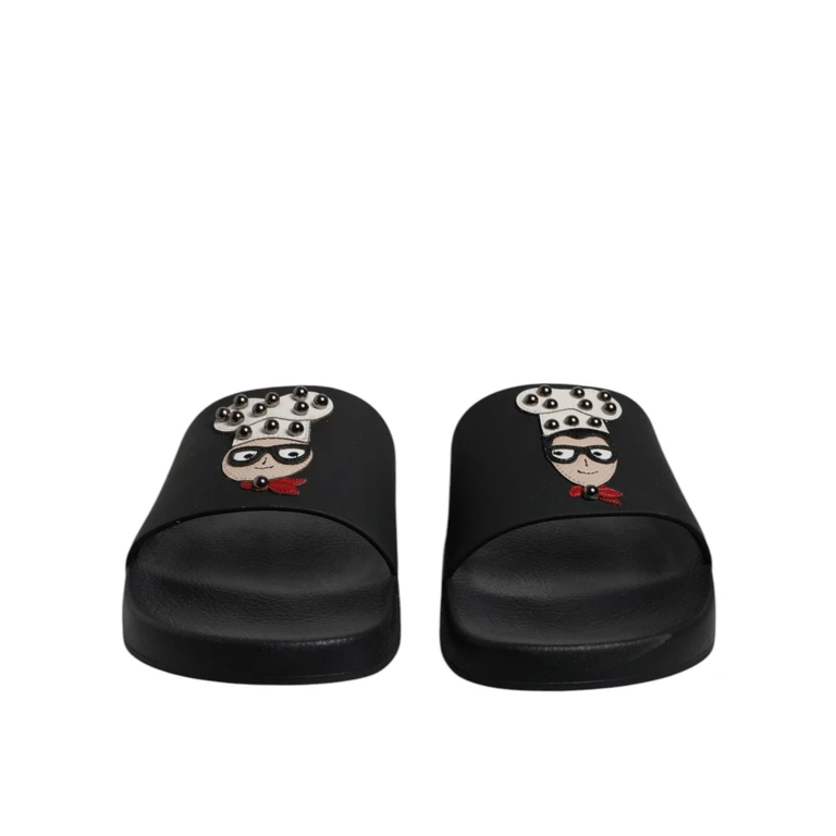 Dolce & Gabbana Black Leather Slides Sandals Beachwear Shoes - Men