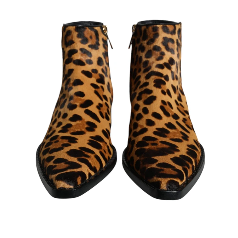 Dolce & Gabbana Brown Leopard Calf Fur Ankle Boots Shoes Black And Lamb Leather - Women