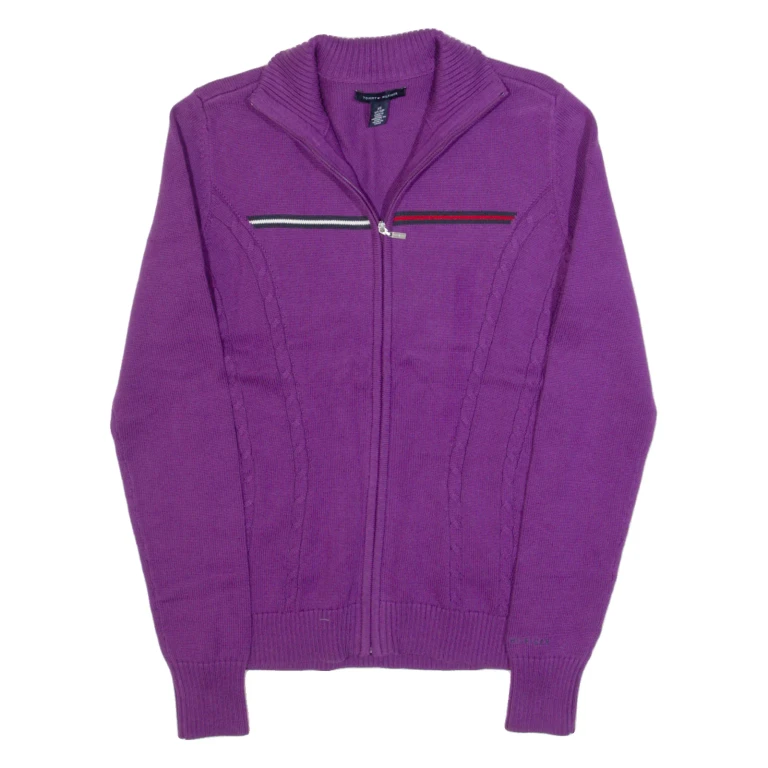 TOMMY HILFIGER Womens Cardigan Purple High Neck Tight Knit XS