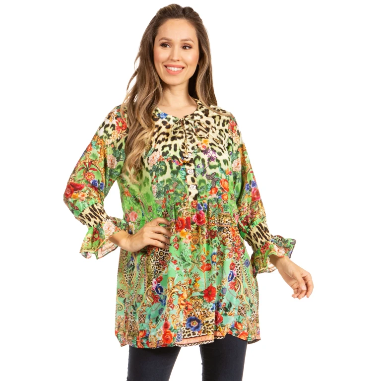 Elvira Floral Tunic Blouse - Women's Loose Swing Top with Long Sleeves and Scoop Neck by Sakkas