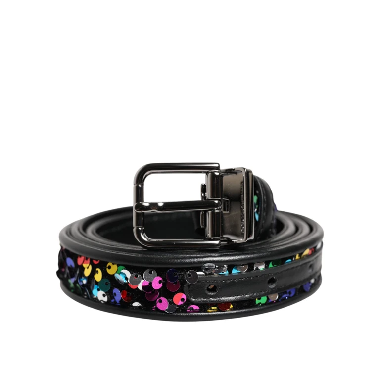 Dolce & Gabbana Black Sequin Embellished Metal Buckle Belt Polyester Leather - Men