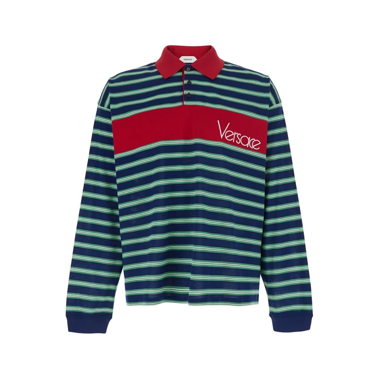 Versace Blue And Red Polo With Striped Motif Logo Lettering On The Front Cotton For Men Blu Tshirts Shirts - Men
