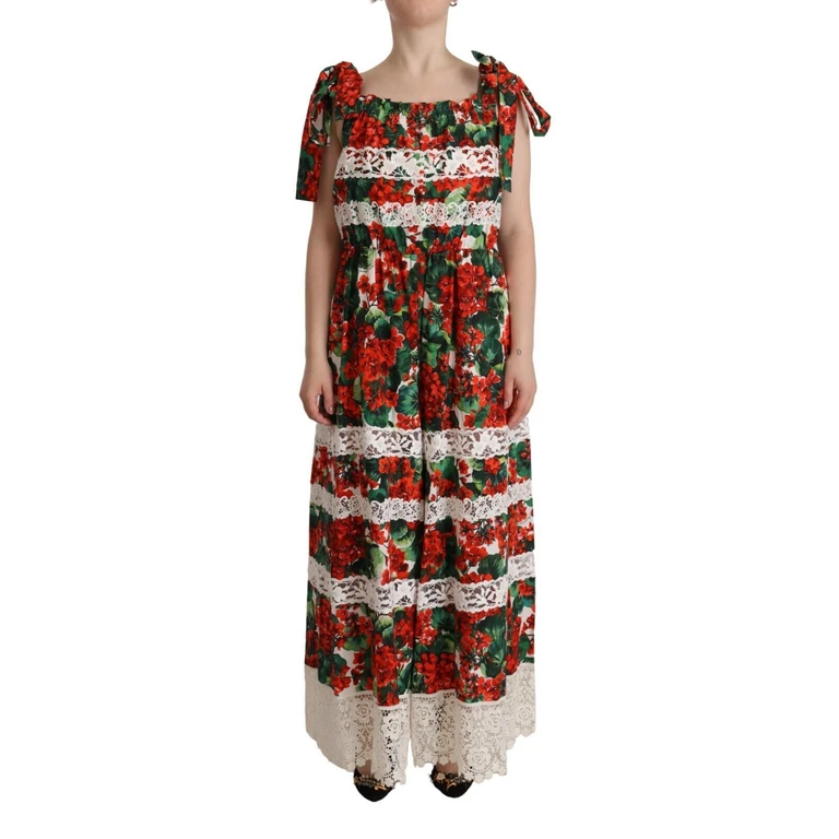 Multicolor Geranium Print Lace Long Maxi Dress Cotton Polyester - Women