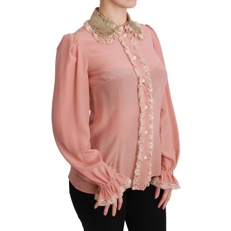 Dolce & Gabbana Pink Silk Gold Sequin Lace Blouse Shirt - Women