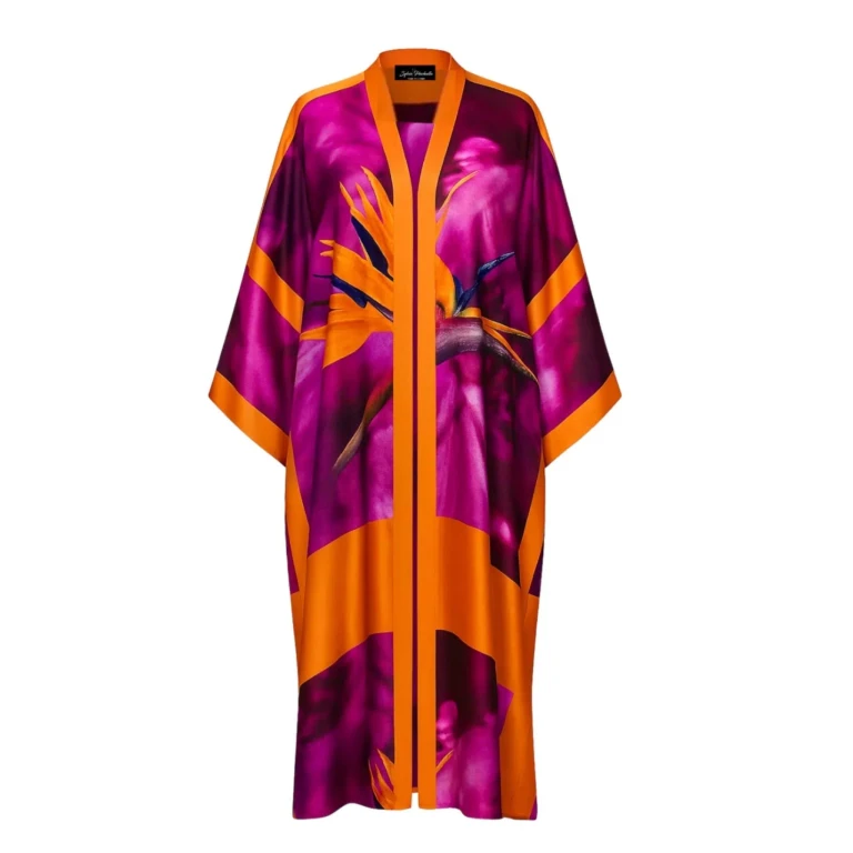Unisex Bird of Paradise Printed Silk Kimono - Pink and Purple - Limited Edition of 25