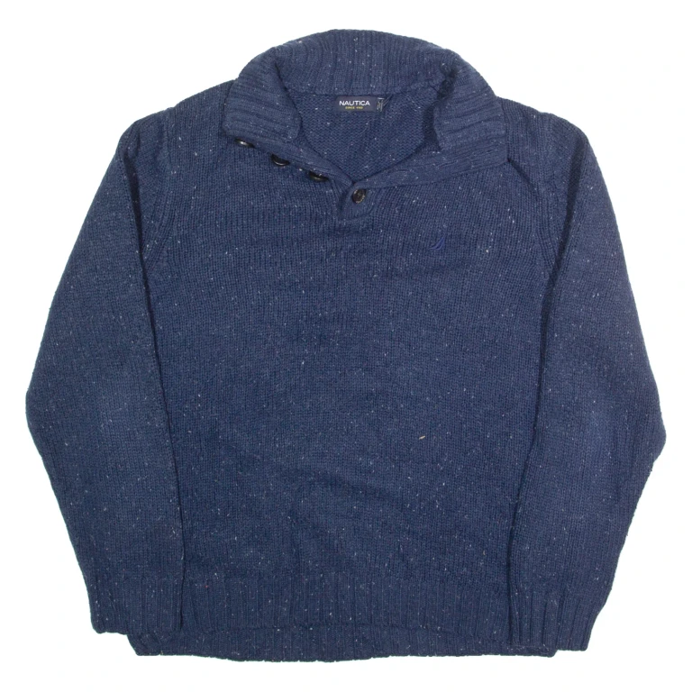NAUTICA Mens Jumper Blue Button Neck Tight Knit Wool L