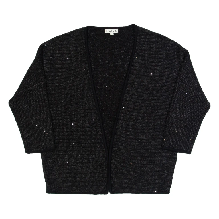 REISS Louisa Womens Cardigan Black Tight Knit 3/4 Sleeve S