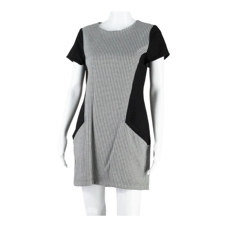 TED BAKER Womens Shift Dress Black Wool Houndstooth Short Sleeve Knee Length M