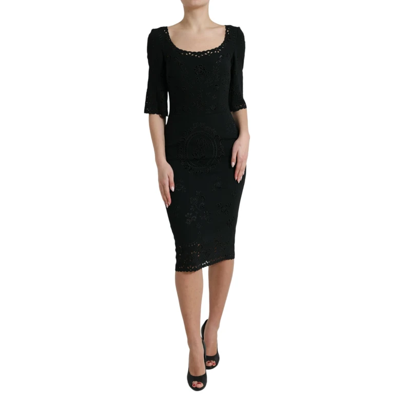 Dolce & Gabbana Black Floral Lace Viscose Bodycon Midi Dress Acetate Elastane - Women