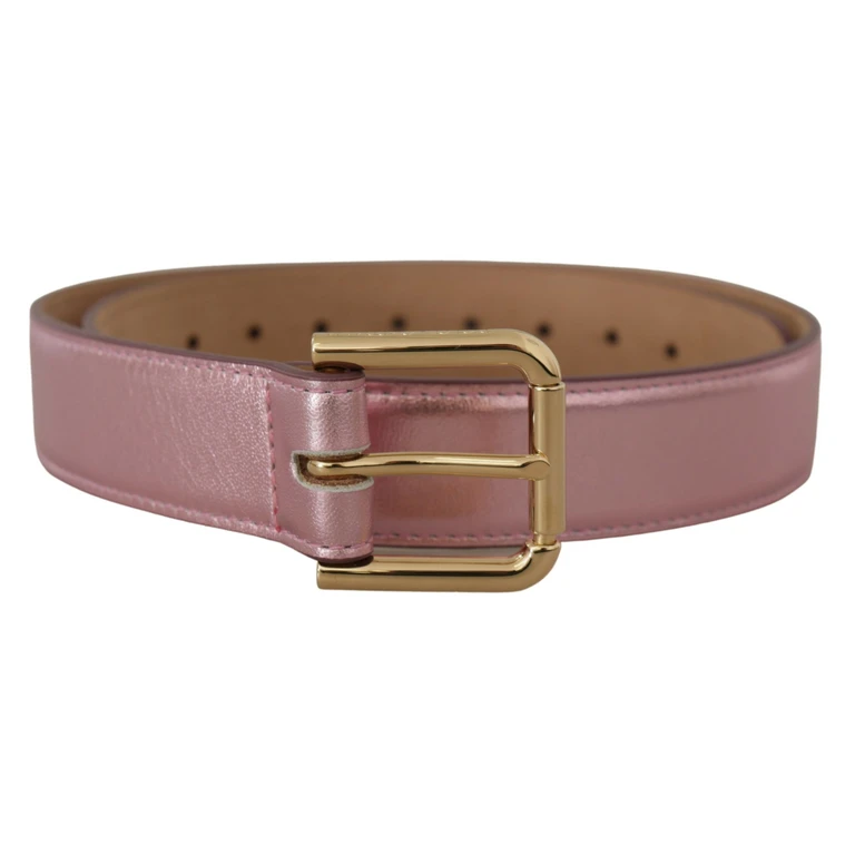 Dolce & Gabbana Metallic Pink Polished Leather Logo Metal Buckle Belt - Women