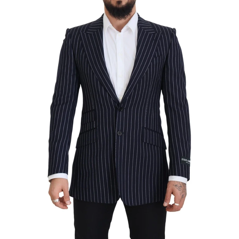 Dolce & Gabbana Dark Blue Stripe Wool Single Breasted Blazer Navy Virgin Polyester Clothing - Men