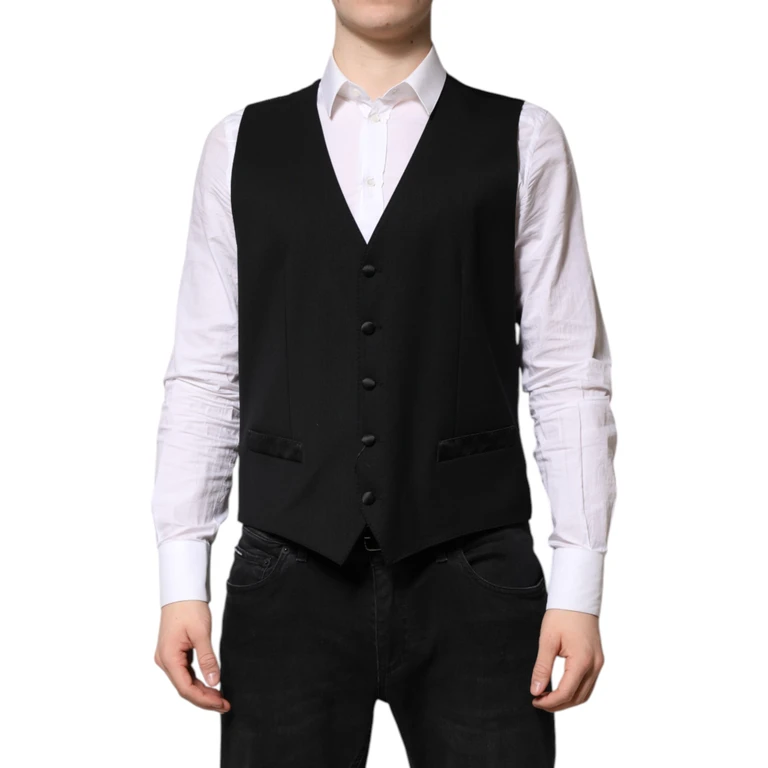 Dolce & Gabbana Black Wool Dress Formal Men Waistcoat Vest Virgin Elastane - Men