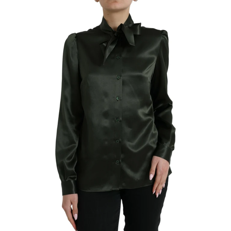 Dolce & Gabbana Gray Long Sleeves Ascot Collar Blouse Top Dark Silk - Women