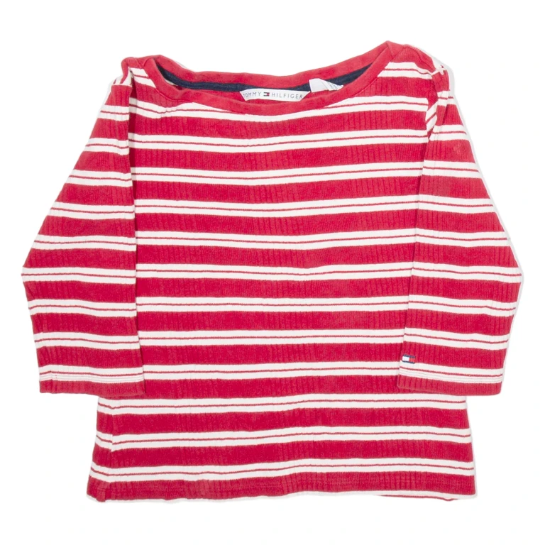 TOMMY HILFIGER Womens Jumper Red Striped V-Neck Tight Knit S