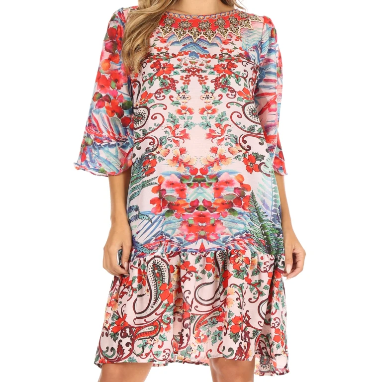 Sakkas Dona Women's Casual Swing 3/4 Sleeve Floral Print Boho Cocktail Midi Dress