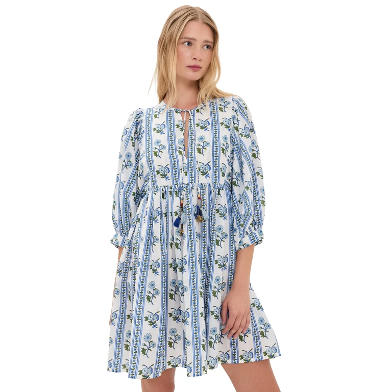 Sylvie Mini Cotton Tunic Dress BLUE FLORAL STRIPE M