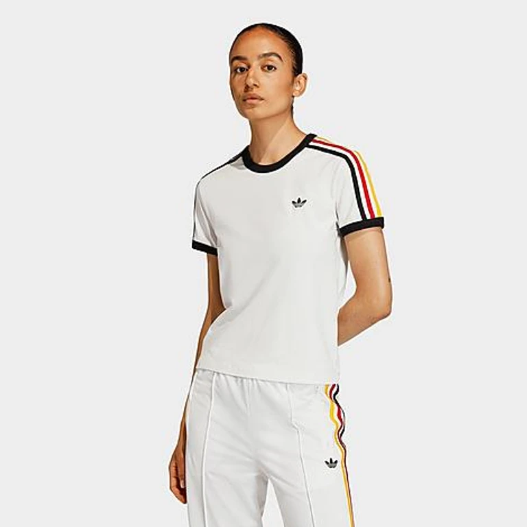 Women's Originals 3-Stripes Slim T-Shirt in Cloud White/Black/Team Power Red 2 Size: XXS