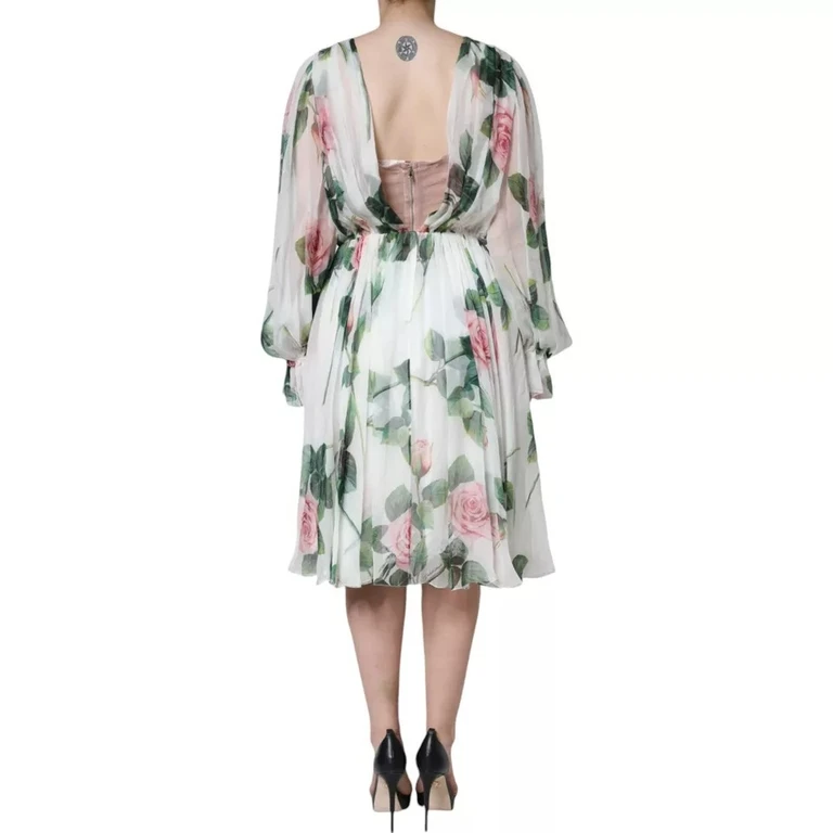 White Silk Floral Print A-Line Midi Dress - Women