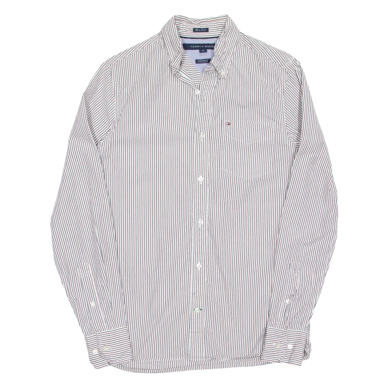 TOMMY HILFIGER Custom Fit Mens Shirt Maroon Striped Long Sleeve XS