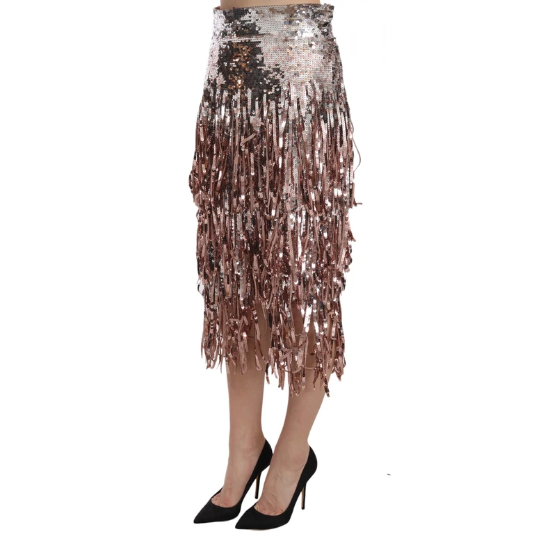 Dolce & Gabbana Sequin Embellished Fringe Midi Pencil Skirt Silver Nylon - Women