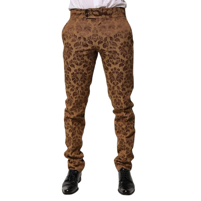 Brown Floral Jacquard Men Skinny Trouser Pants Polyester Rayon - Men
