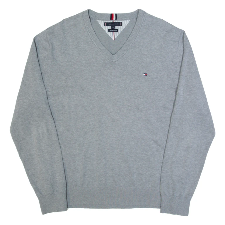 TOMMY HILFIGER Mens Jumper Grey V-Neck Tight Knit 2XL