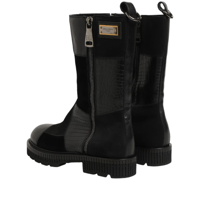 Dolce & Gabbana Black Patchwork Leather Mid Calf Boots Shoes Cotton Horse Crocodile - Men