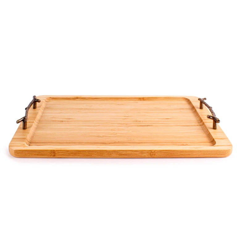 Bamboo Serving Tray with Wrought Iron Handles, 15.5"
