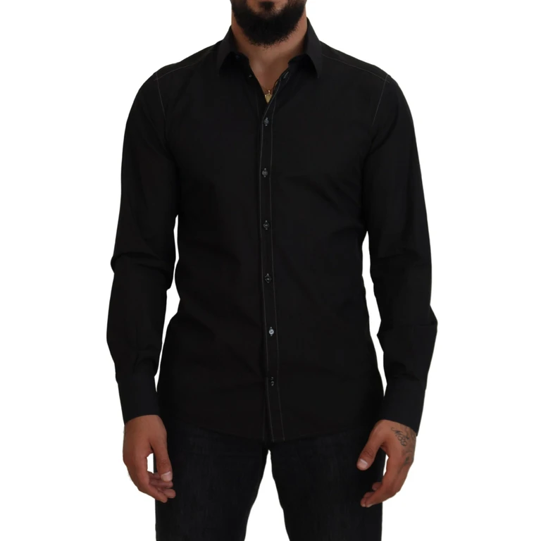 Dolce & Gabbana Black Cotton Collared Long Sleeve Gold Shirt - Men