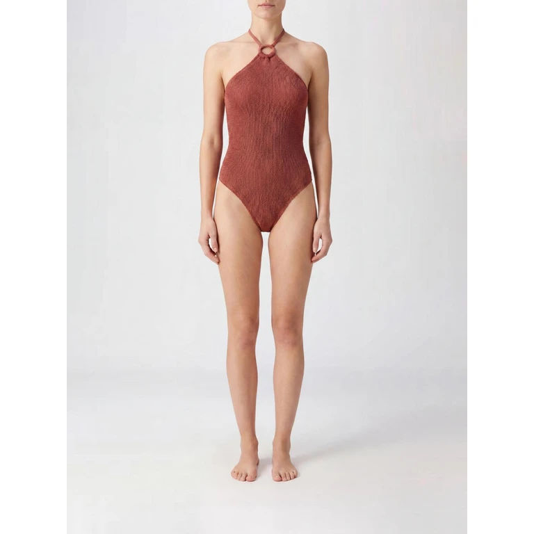 Halterneck Crinkle One-Piece Swimsuit with Ring Detail (JASMINESWIMMETALLICROSEWOOD)