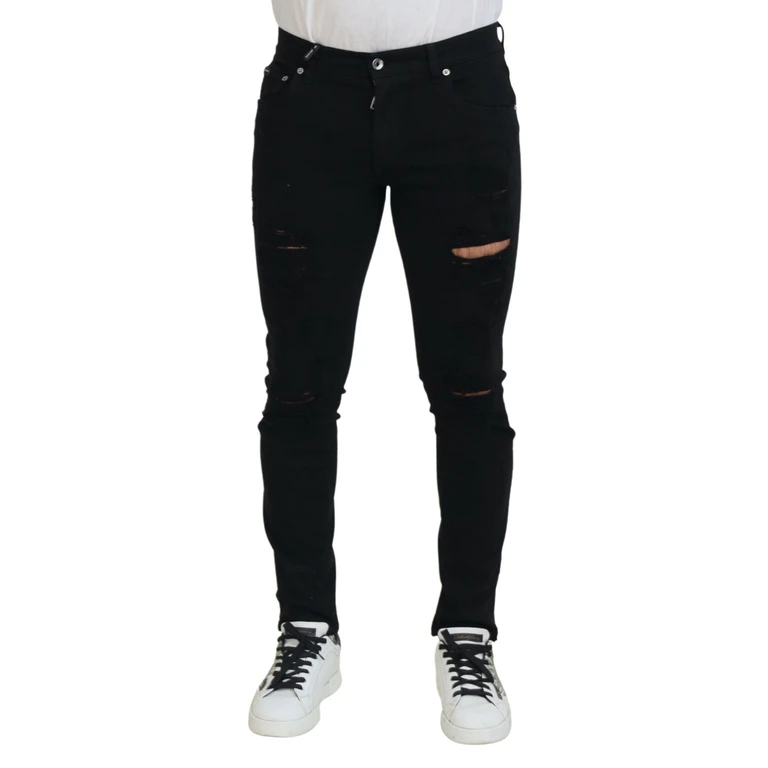 Dolce & Gabbana Black Slim Fit Tattered Denim Cotton Jeans Clothing - Men