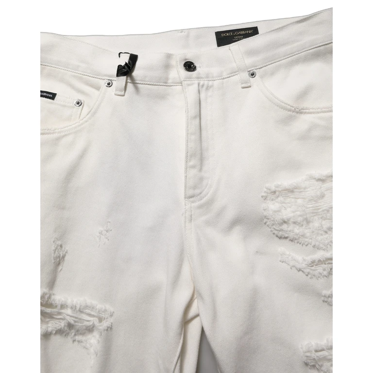 White Cotton Distressed Straight Denim Jeans Clothing - Men