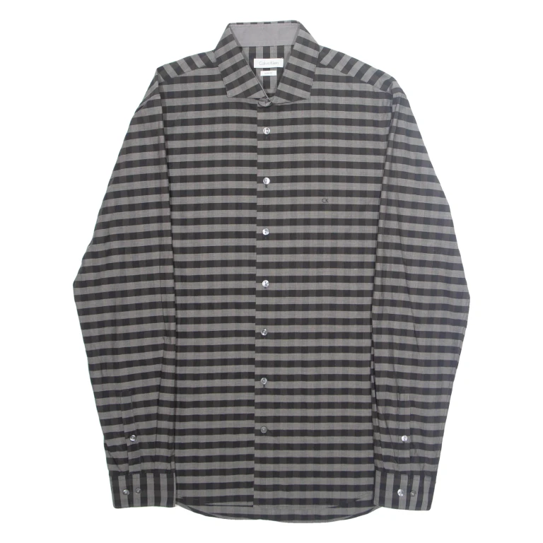CALVIN KLEIN Slim Fit Mens Shirt Grey Check Long Sleeve L