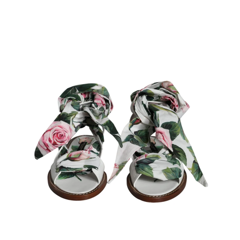 Dolce & Gabbana Multicolor Floral Print Ankle Wrap Sandals Shoes Calf Leather Cotton - Women