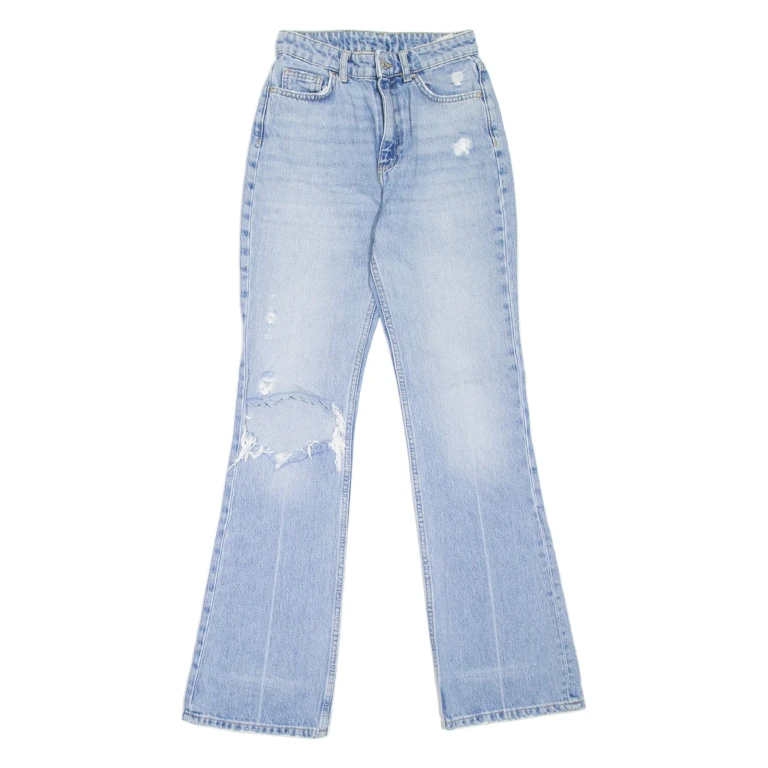 BERSHKA Distressed Womens Jeans Blue Regular Flared Stone Wash W24 L31