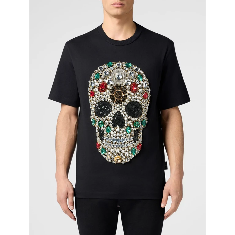 Cotton T-shirt with Skull Print and Rhinestone Applications (PAFCMTK9021PJY002N02)