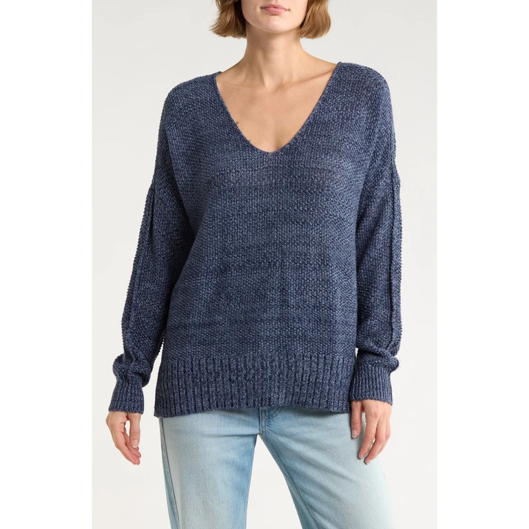 Women's Spring Weight V Neck Pullover - American Navy