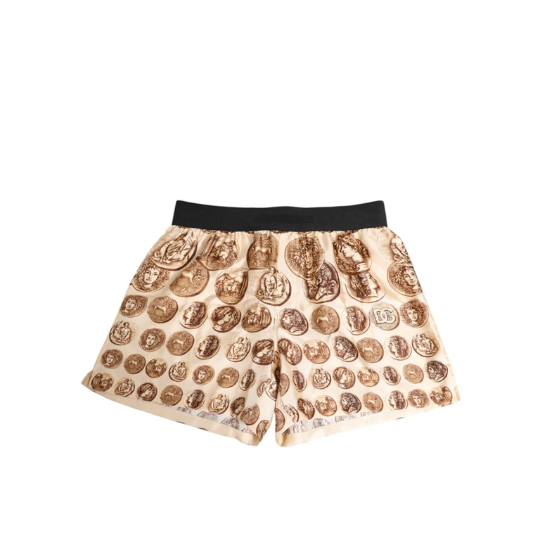Dolce & Gabbana Brown Ancient Coin Print Silk Shorts Swimwear Beige - Men