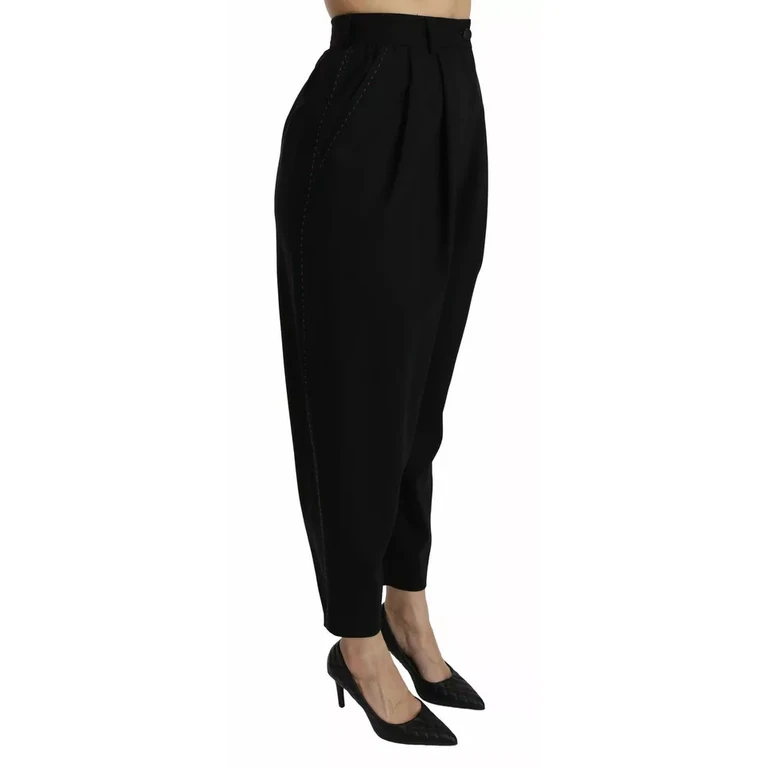 Dolce & Gabbana Black Wool High Waist Pleat Front Cropped Pants Virgin Elastane - Women