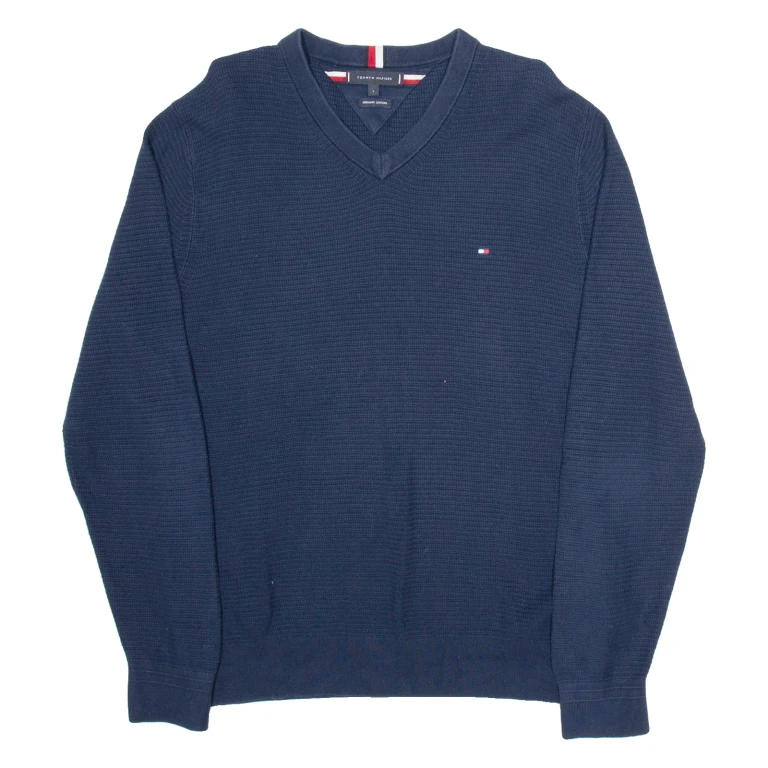 TOMMY HILFIGER Mens Jumper Blue V-Neck Tight Knit L