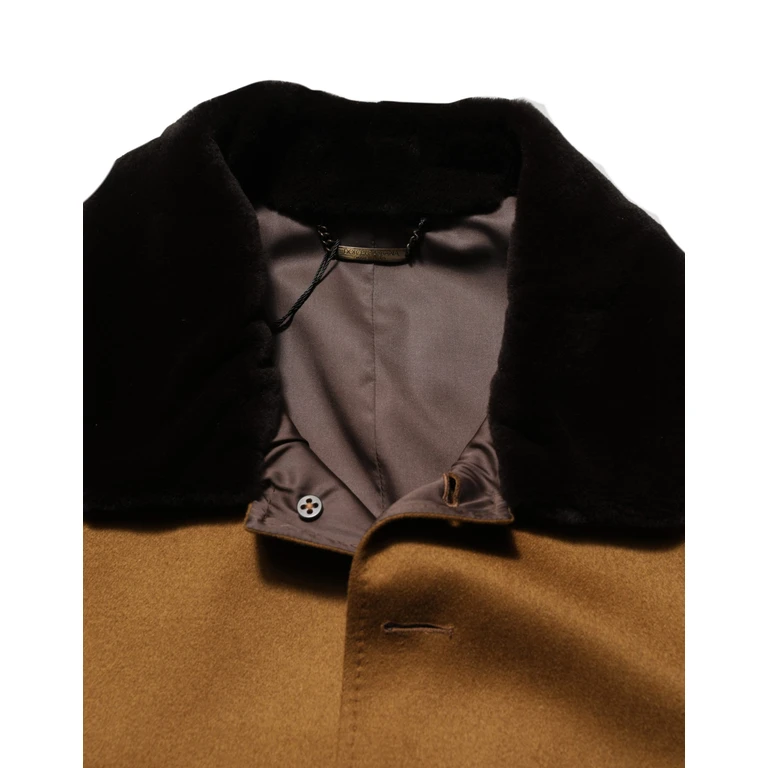 Brown Cashmere Mink Fur Men Overcoat Jacket Elastane Clothing - Men