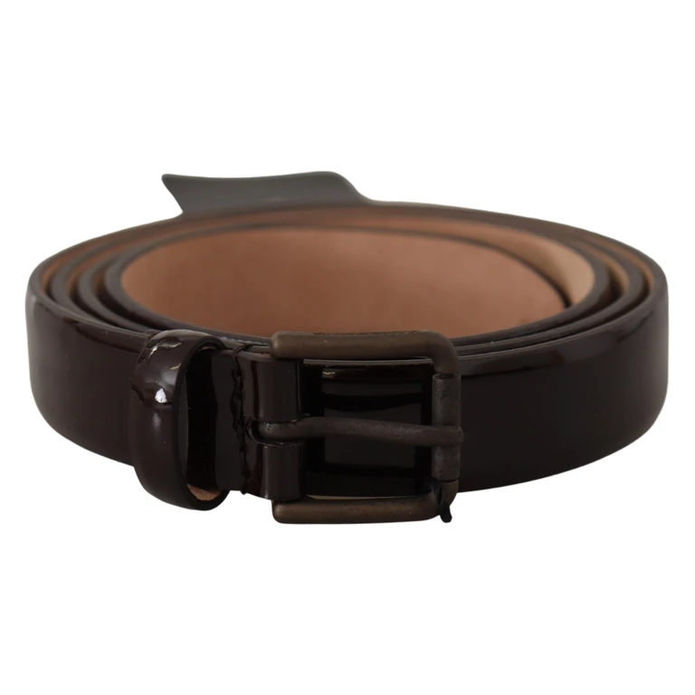 Black Patent Leather Logo Metal Waist Buckle Belt - Women