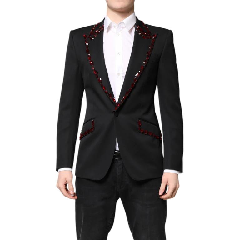 Dolce & Gabbana Black Sicilia Crystalembellished Coat Blazer Virgin Wool Silk Polyester Clothing - Men