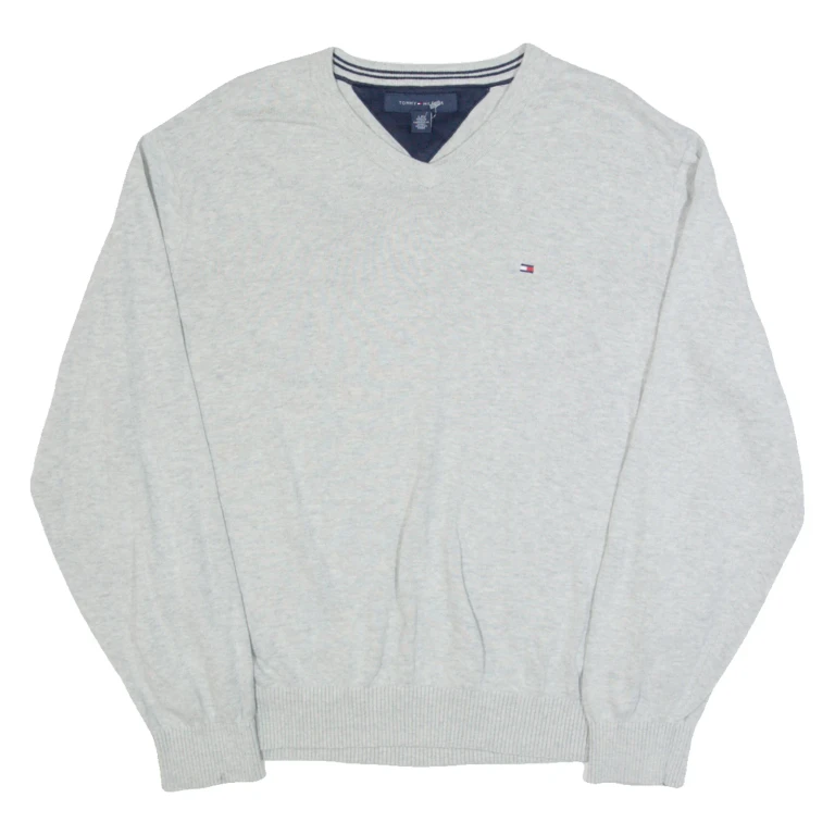 TOMMY HILFIGER Mens Jumper Grey V-Neck Tight Knit L