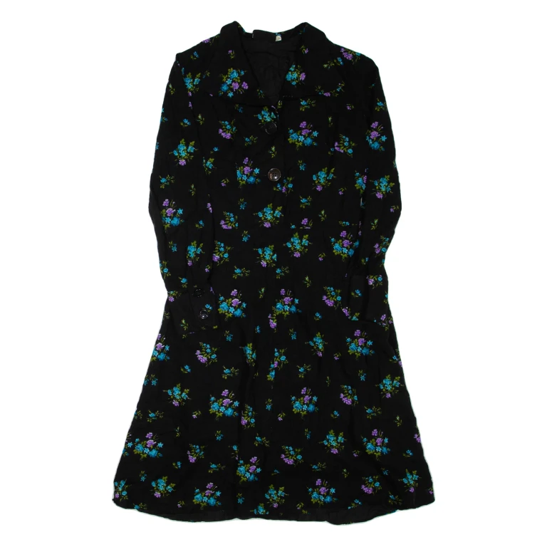 Womens Day Dress Black Floral Long Sleeve Knee Length M