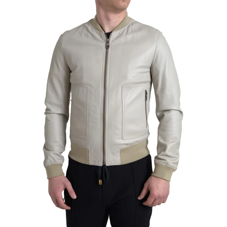 Cream Leather Bomber Blouson Full Zip Jacket Clothing - Men