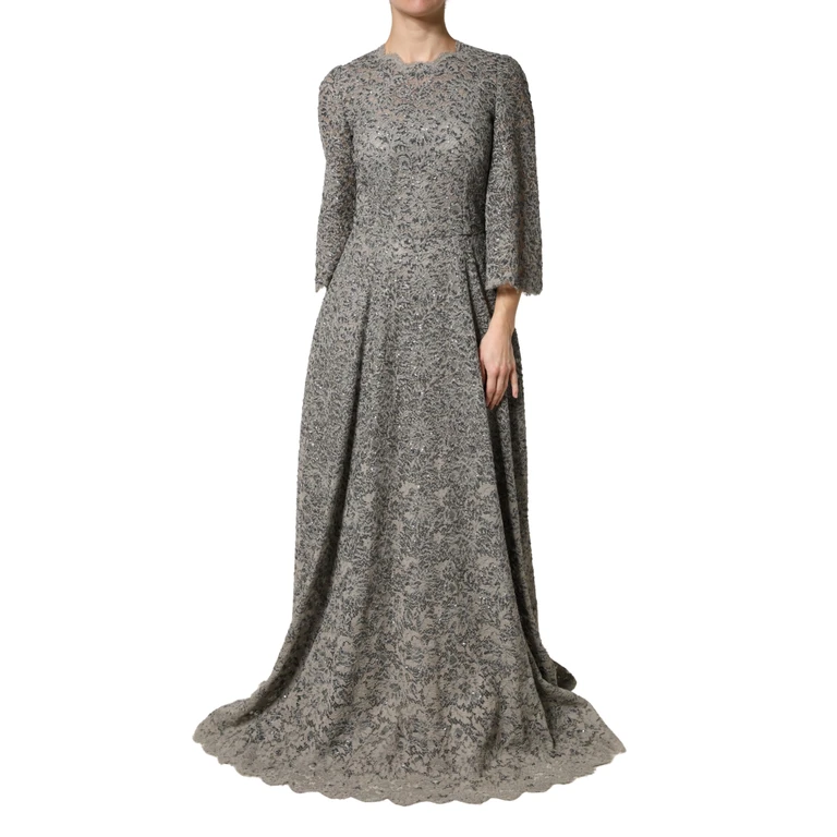 Dolce & Gabbana Gray Lace Long Sleeves Cotton Maxi Dress - Women
