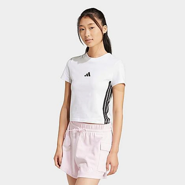 adidas Women's Essentials 3-Stripes Slim Baby T-Shirt in White/Black Size: XS
